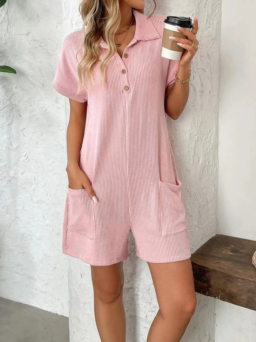 Trendsi Button Detail Collared Neck Short Sleeve Romper