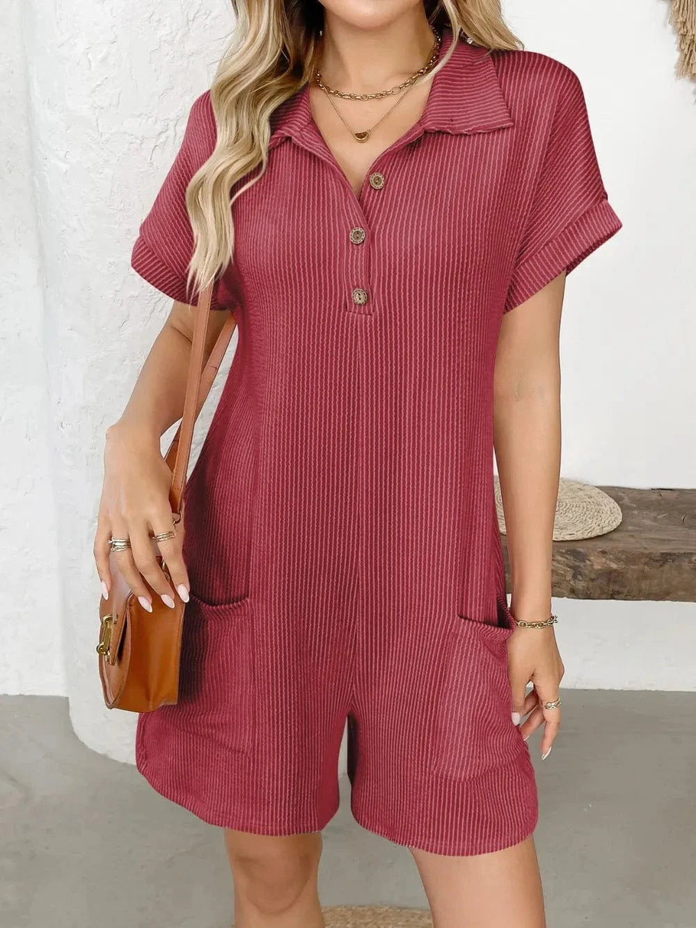 Trendsi Scarlet / S Button Detail Collared Neck Short Sleeve Romper