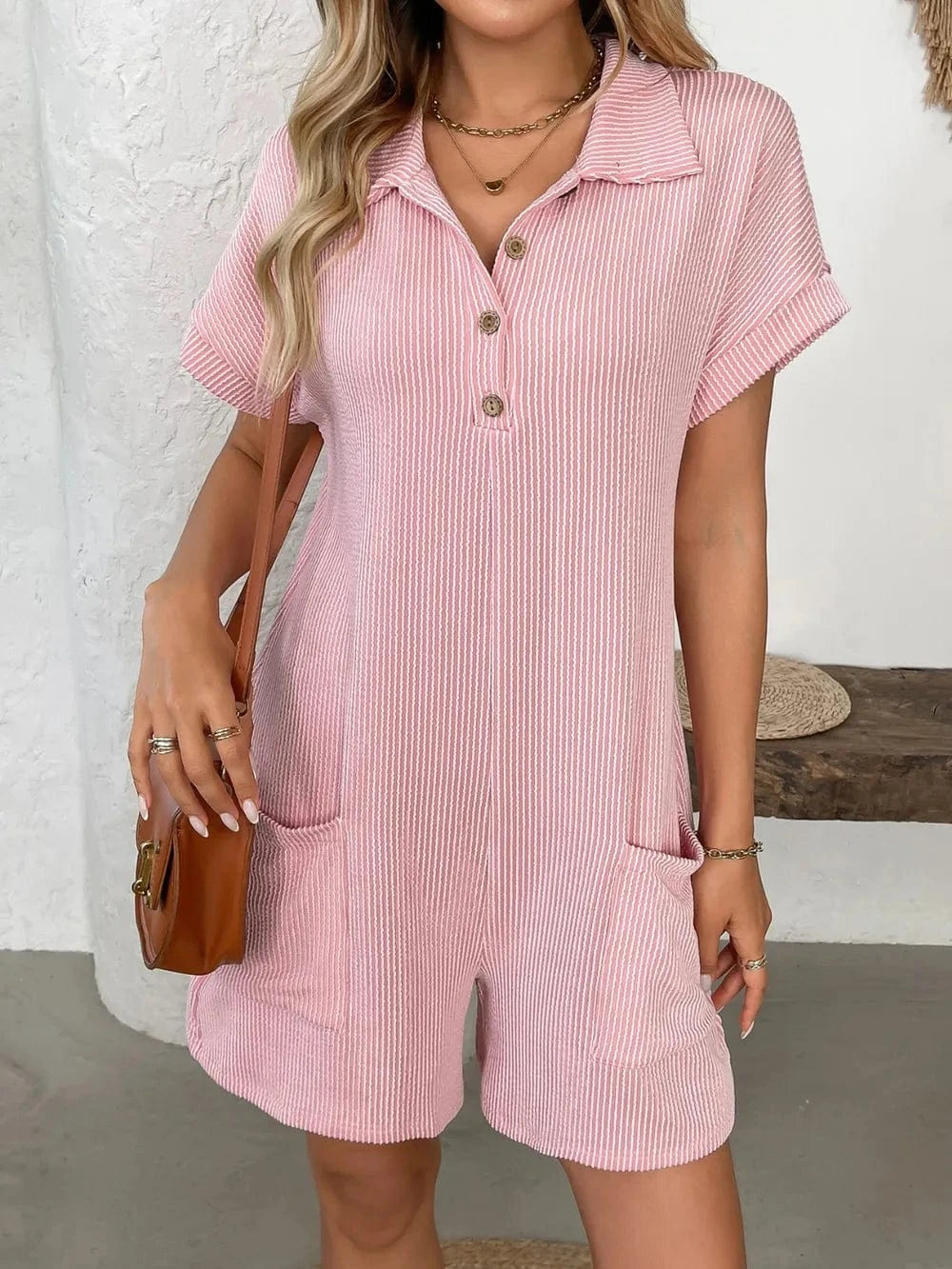 Trendsi Button Detail Collared Neck Short Sleeve Romper