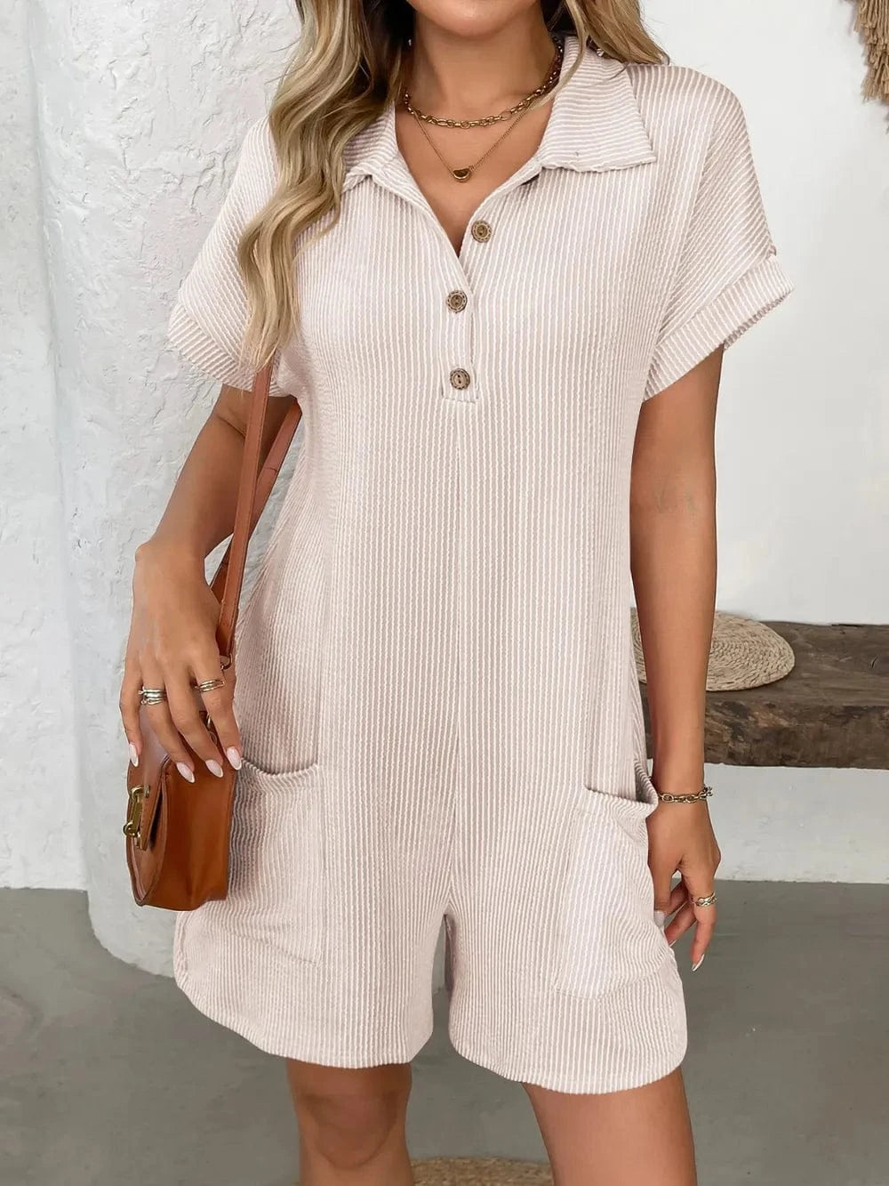 Trendsi Button Detail Collared Neck Short Sleeve Romper