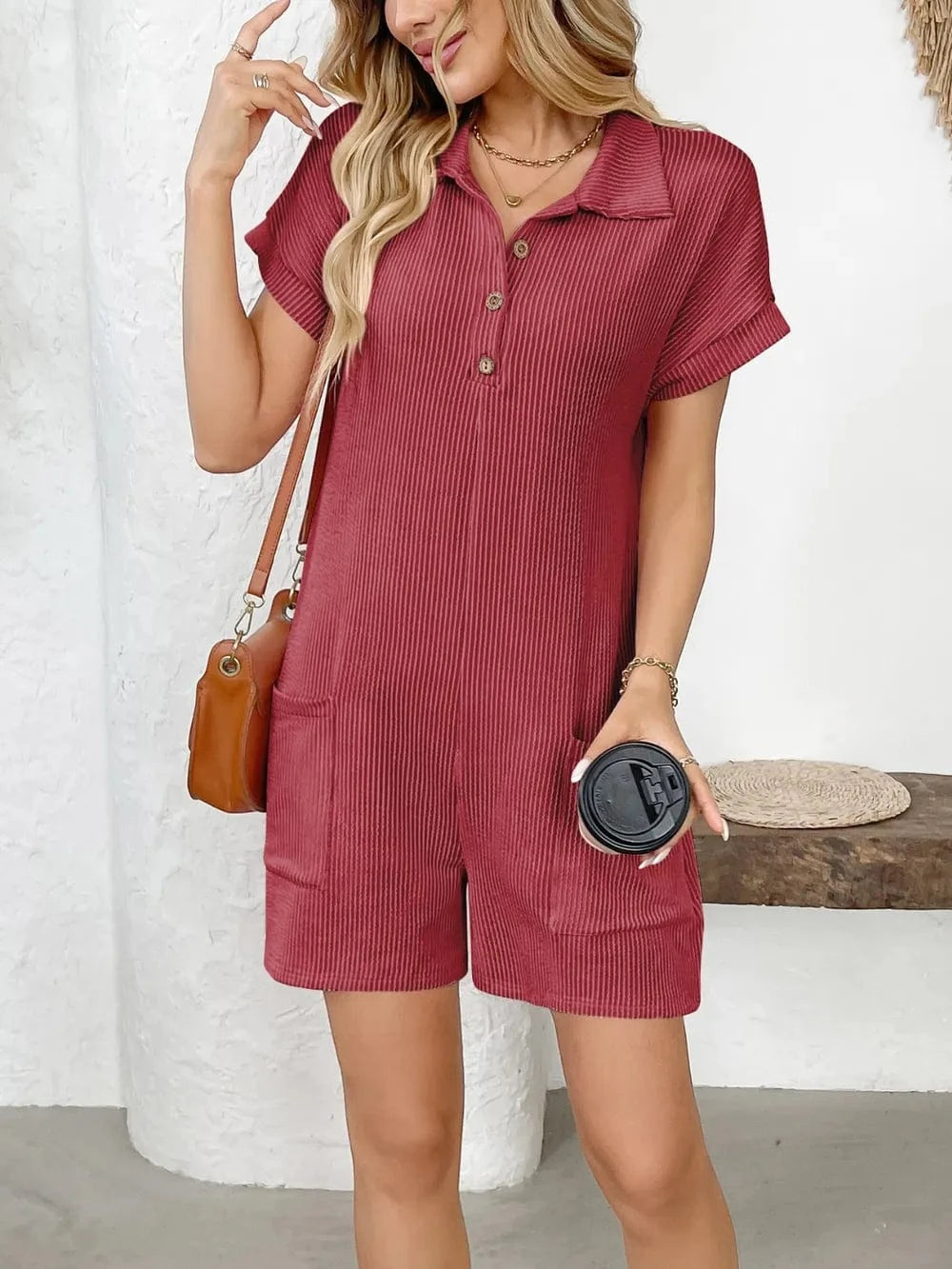 Trendsi Button Detail Collared Neck Short Sleeve Romper