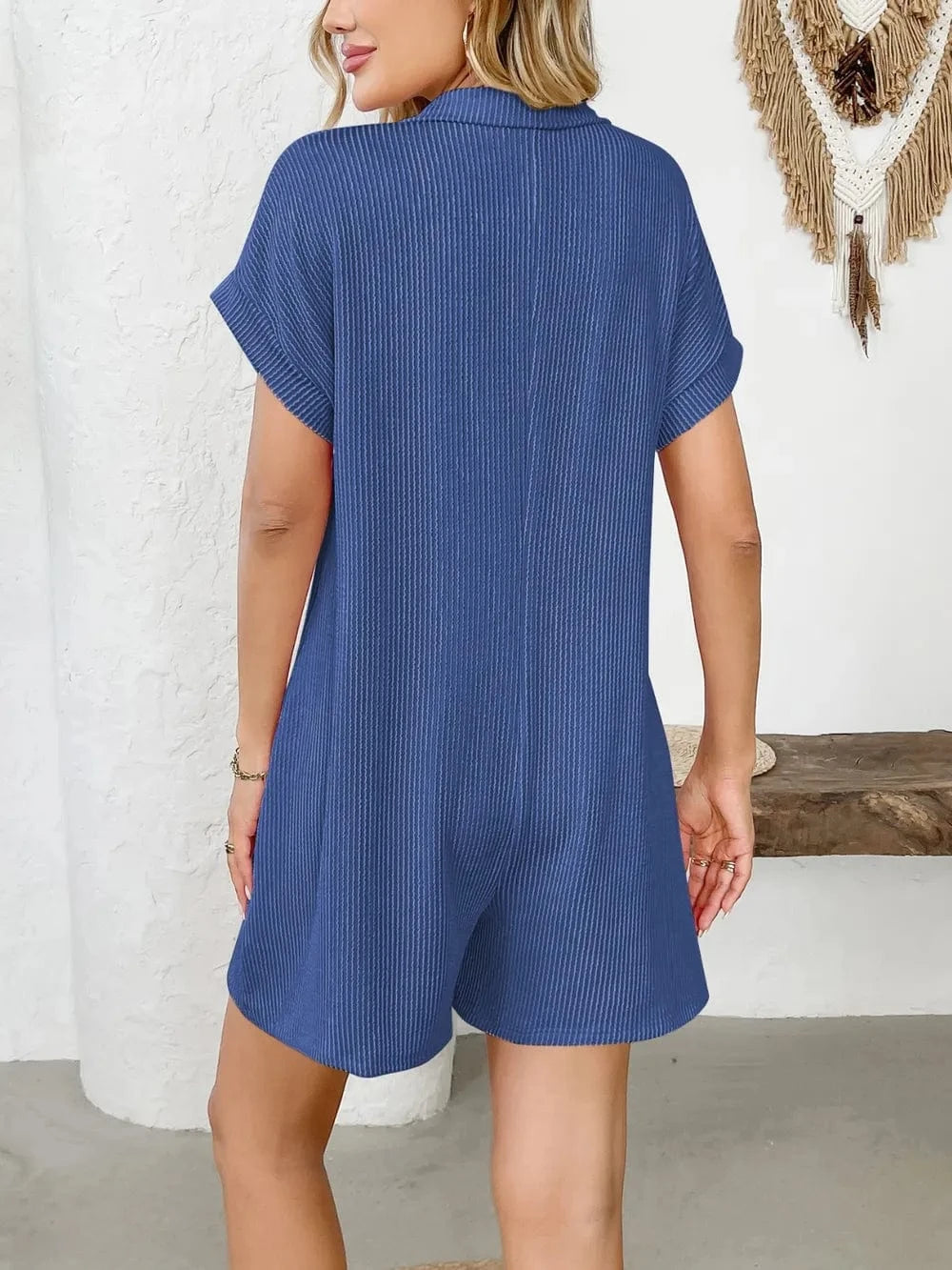 Trendsi Dark Blue / S Button Detail Collared Neck Short Sleeve Romper