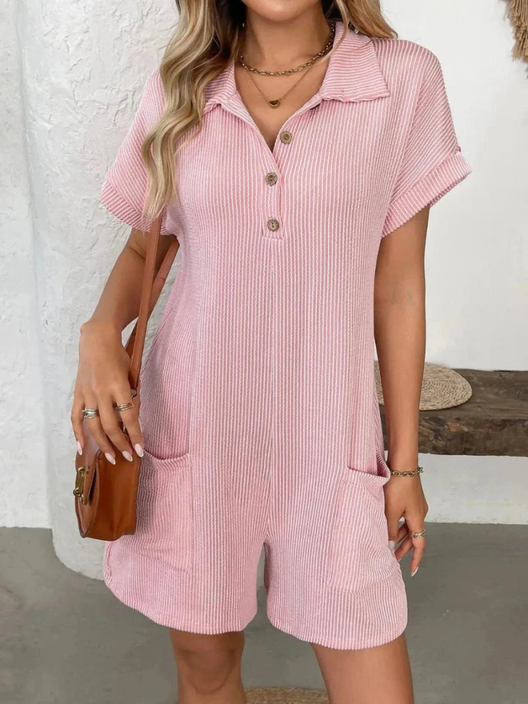 Button Detail Collared Neck Short Sleeve Romper - Blush Pink by Trendsi from FREYA’S CLOSET