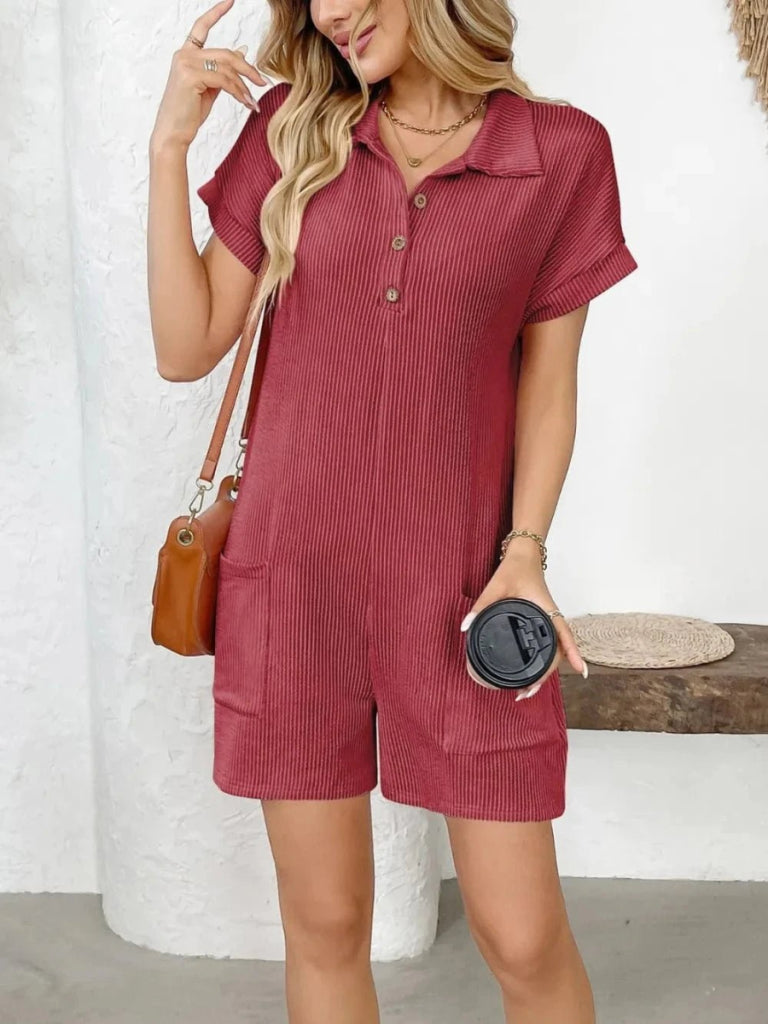 Button Detail Collared Neck Short Sleeve Romper - Scarlet by Trendsi from FREYA’S CLOSET