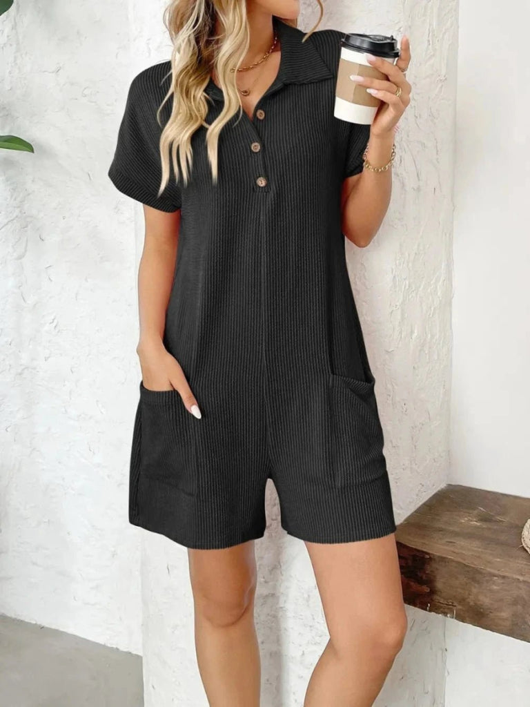 Button Detail Collared Neck Short Sleeve Romper - Black by Trendsi from FREYA’S CLOSET
