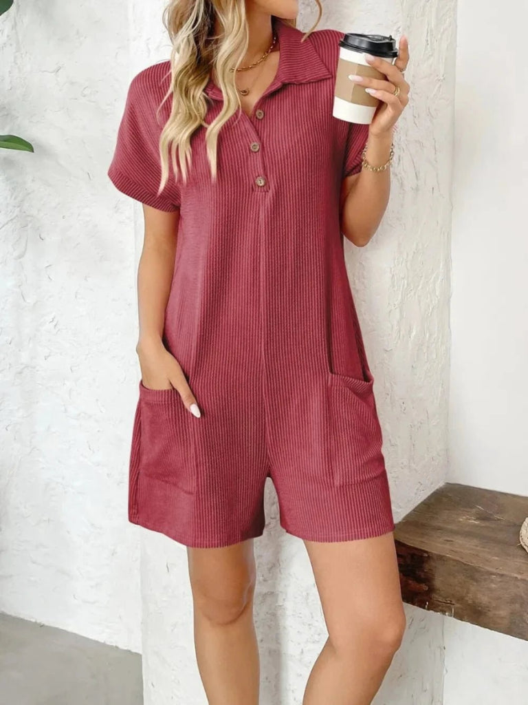 Button Detail Collared Neck Short Sleeve Romper - Scarlet by Trendsi from FREYA’S CLOSET