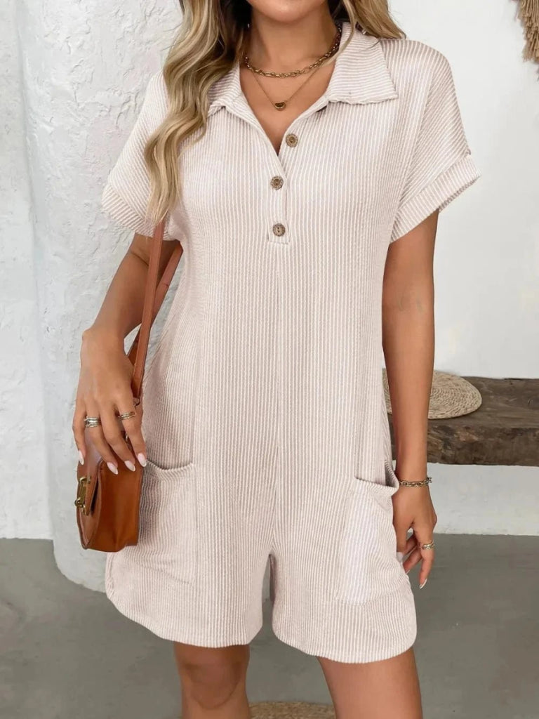 Button Detail Collared Neck Short Sleeve Romper - Eggshell by Trendsi from FREYA’S CLOSET