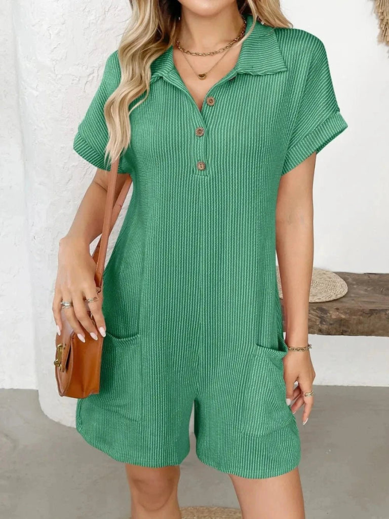 Button Detail Collared Neck Short Sleeve Romper - Green by Trendsi from FREYA’S CLOSET