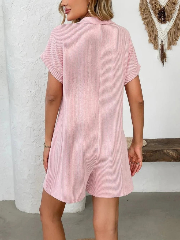 Button Detail Collared Neck Short Sleeve Romper - Blush Pink by Trendsi from FREYA’S CLOSET