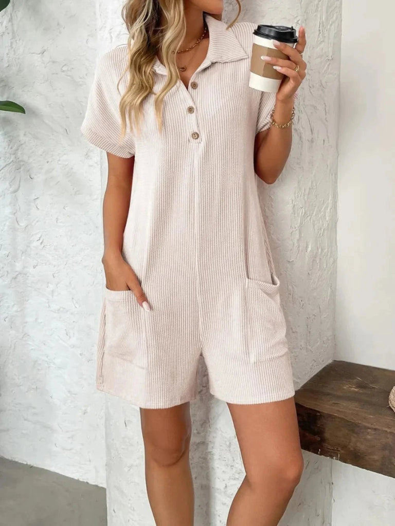 Button Detail Collared Neck Short Sleeve Romper - Eggshell by Trendsi from FREYA’S CLOSET