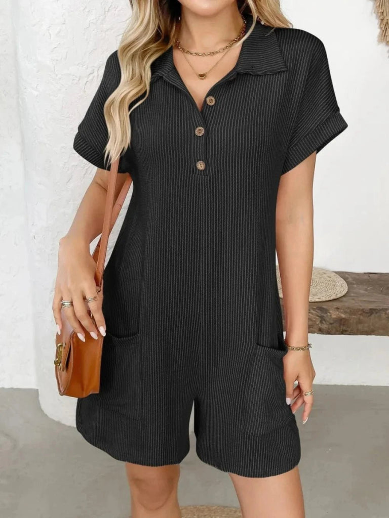 Button Detail Collared Neck Short Sleeve Romper - Black by Trendsi from FREYA’S CLOSET