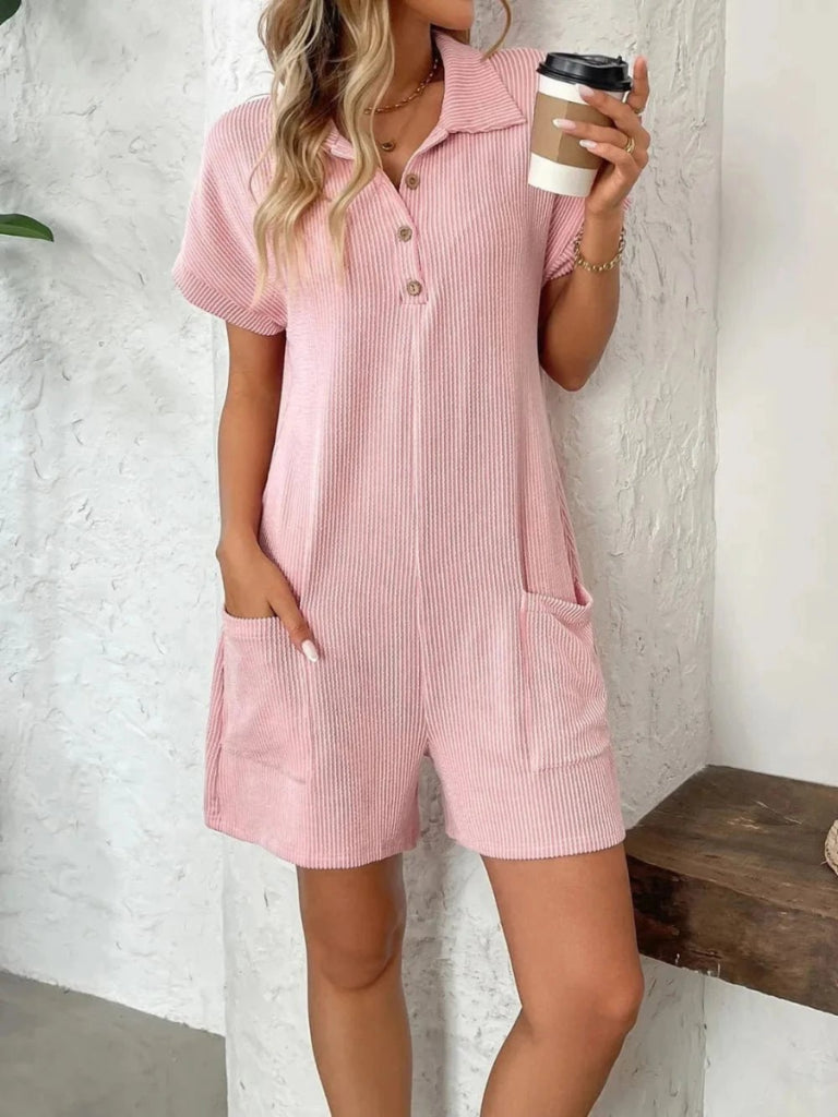 Button Detail Collared Neck Short Sleeve Romper - Blush Pink by Trendsi from FREYA’S CLOSET