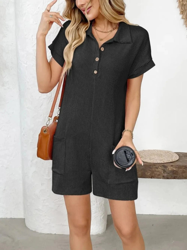 Button Detail Collared Neck Short Sleeve Romper - Black by Trendsi from FREYA’S CLOSET