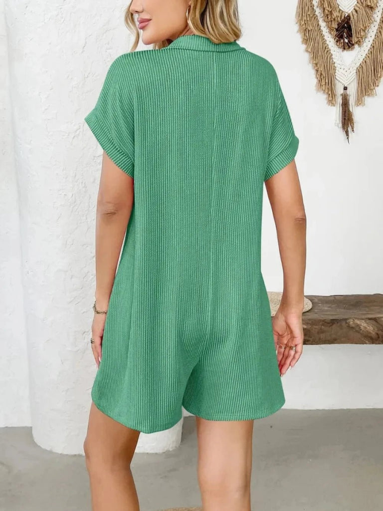Button Detail Collared Neck Short Sleeve Romper - Green by Trendsi from FREYA’S CLOSET