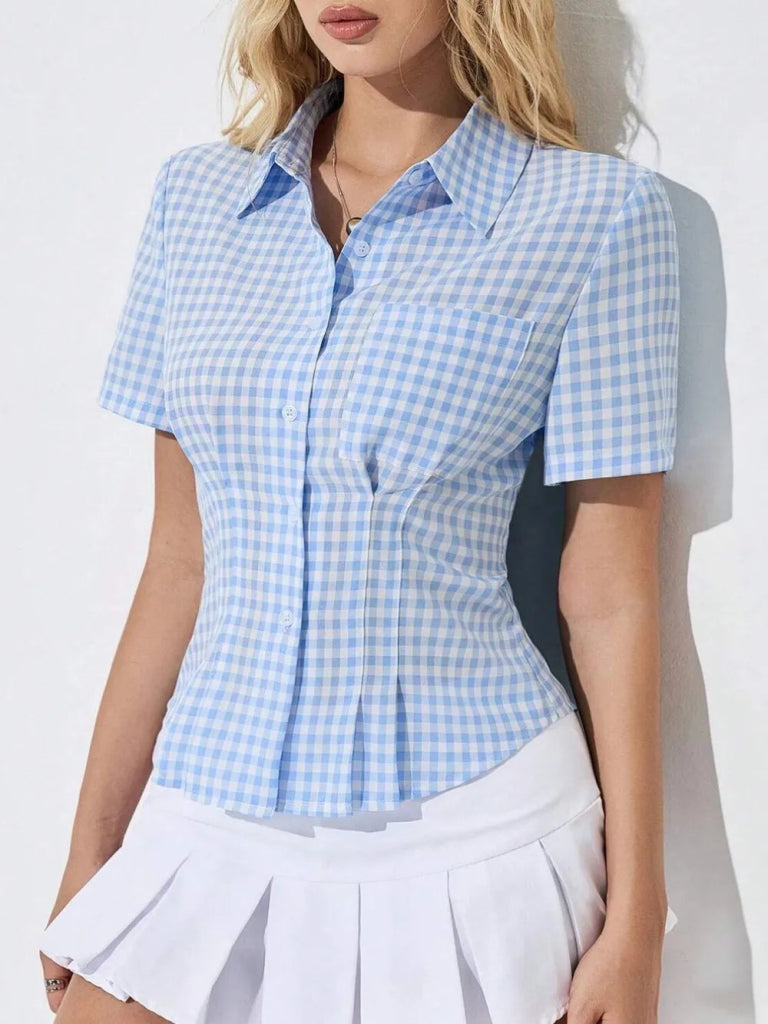 Button Down Short Sleeve Shirt - Light Blue by Trendsi from FREYA’S CLOSET