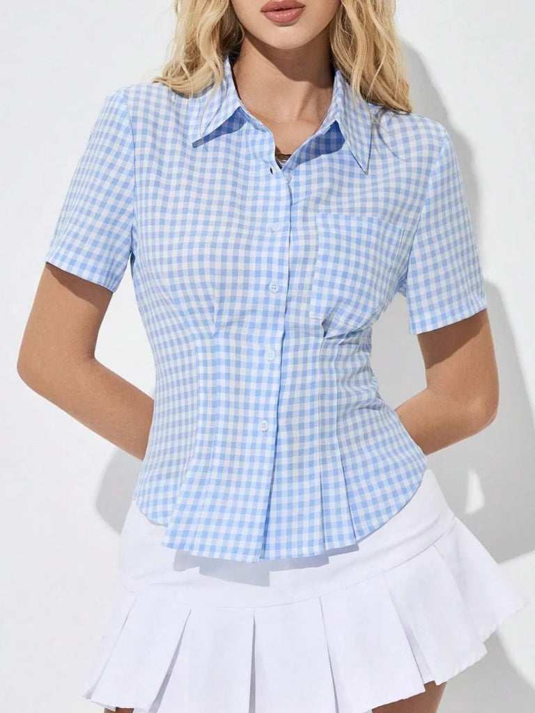 Button Down Short Sleeve Shirt - Light Blue by Trendsi from FREYA’S CLOSET
