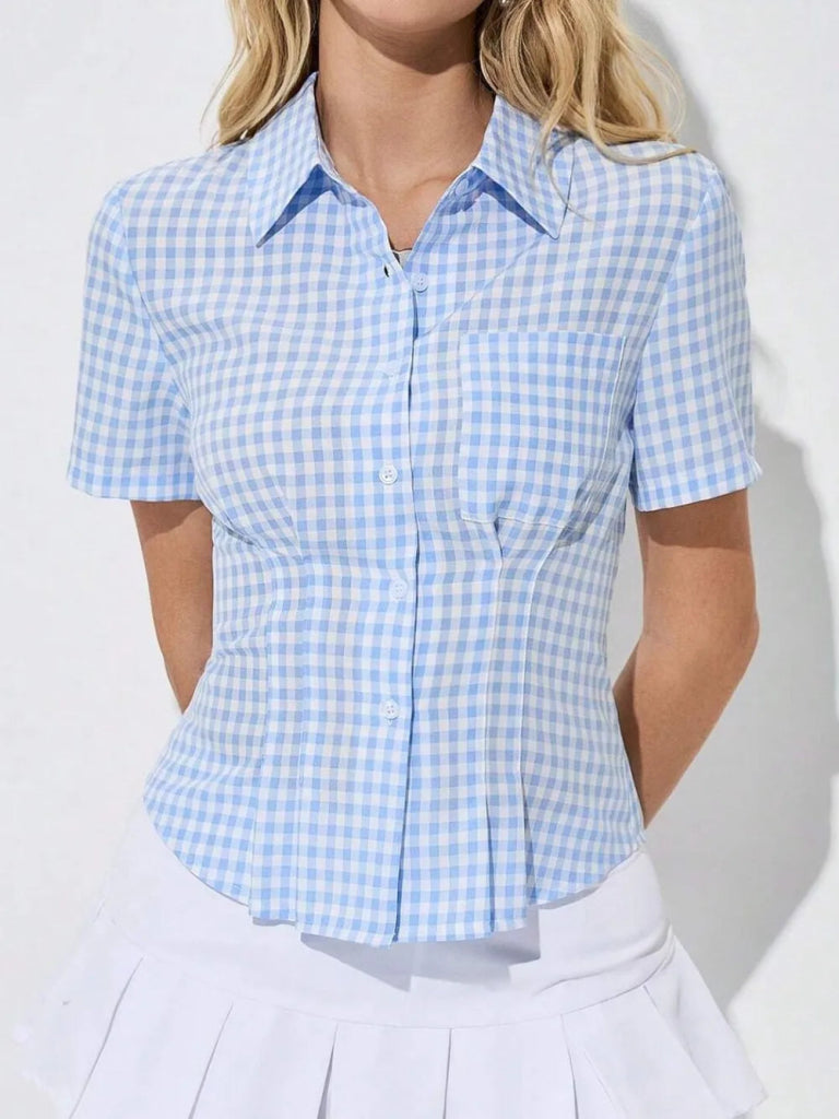 Button Down Short Sleeve Shirt - Light Blue by Trendsi from FREYA’S CLOSET