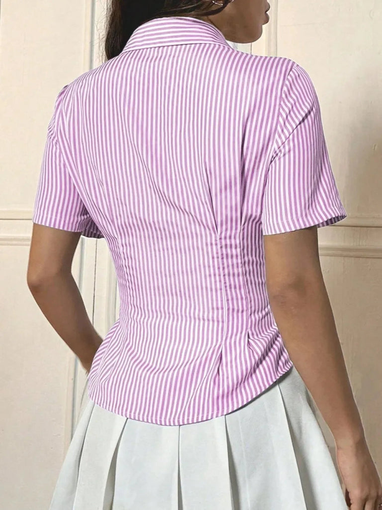 Button Down Short Sleeve Shirt - Pink by Trendsi from FREYA’S CLOSET