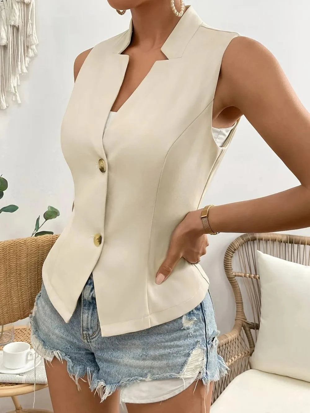 Trendsi Shirts and Blouse Tan / S Button Down Vest Coat