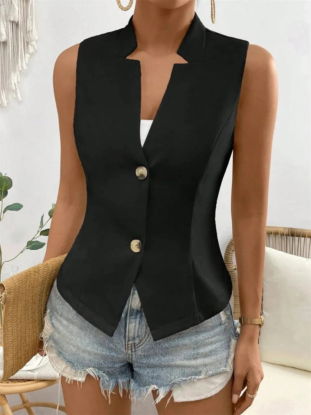 Trendsi Shirts and Blouse Black / S Button Down Vest Coat