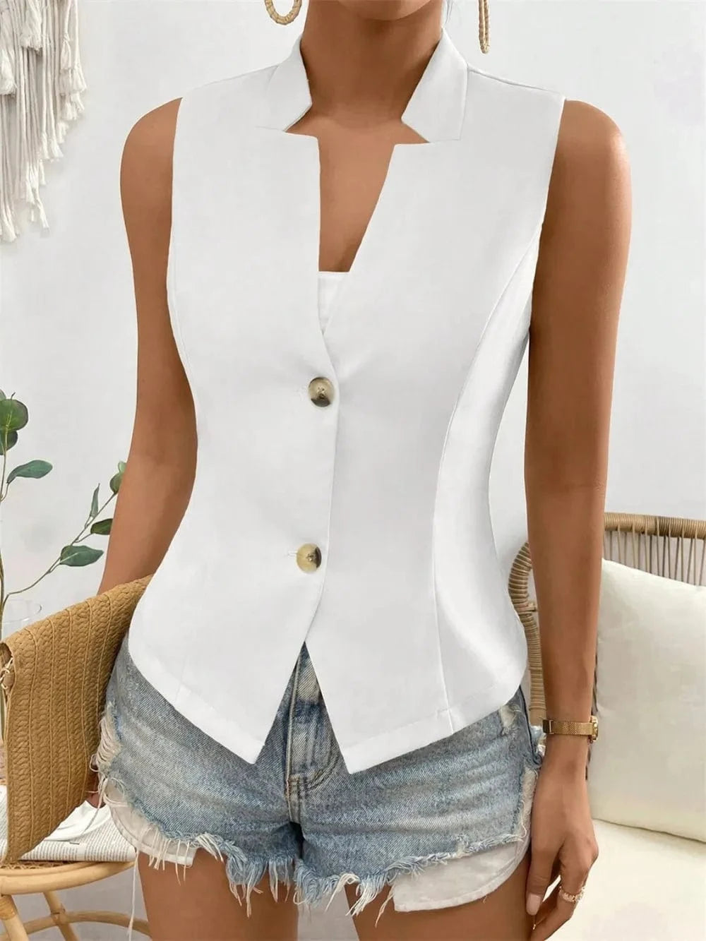 Trendsi Shirts and Blouse White / S Button Down Vest Coat