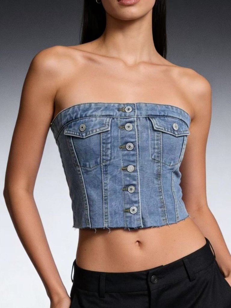 Button - Front Strapless Denim Top - Light Blue by Trendsi from FREYA’S CLOSET