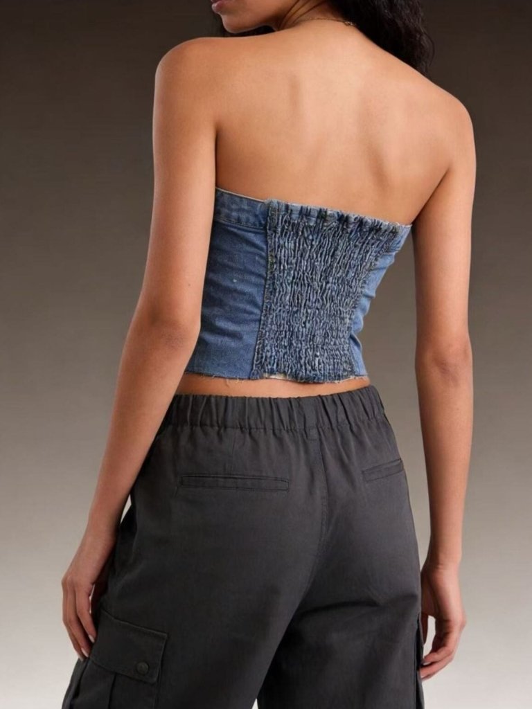 Button - Front Strapless Denim Top - Light Blue by Trendsi from FREYA’S CLOSET