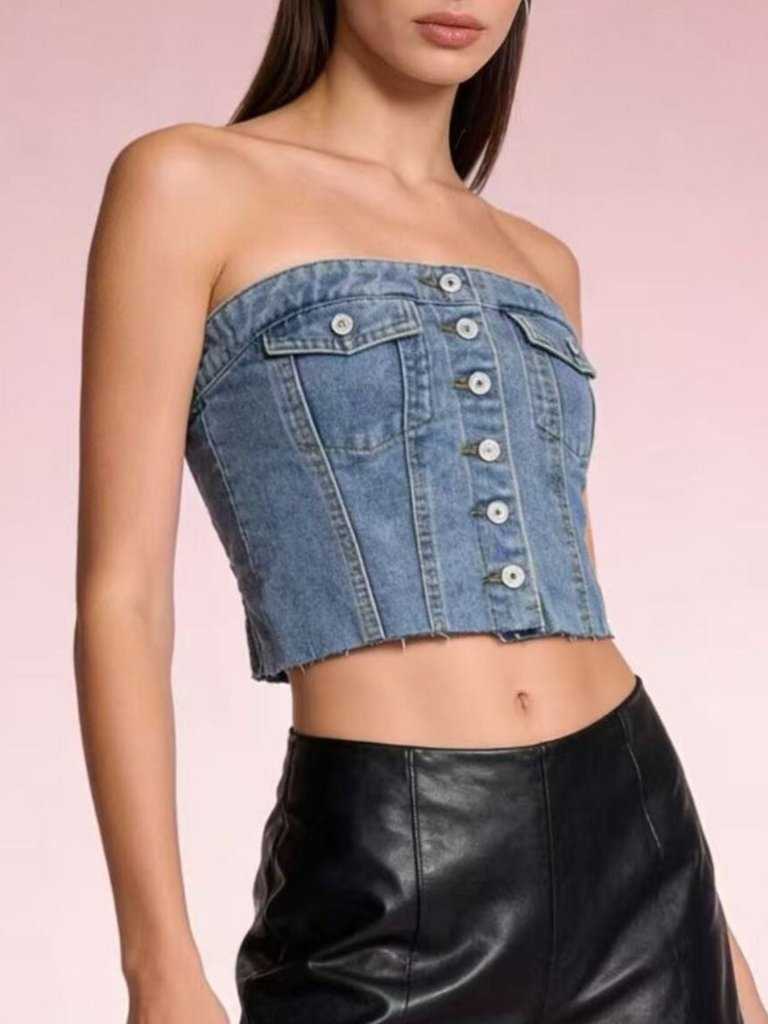 Button - Front Strapless Denim Top - Light Blue by Trendsi from FREYA’S CLOSET