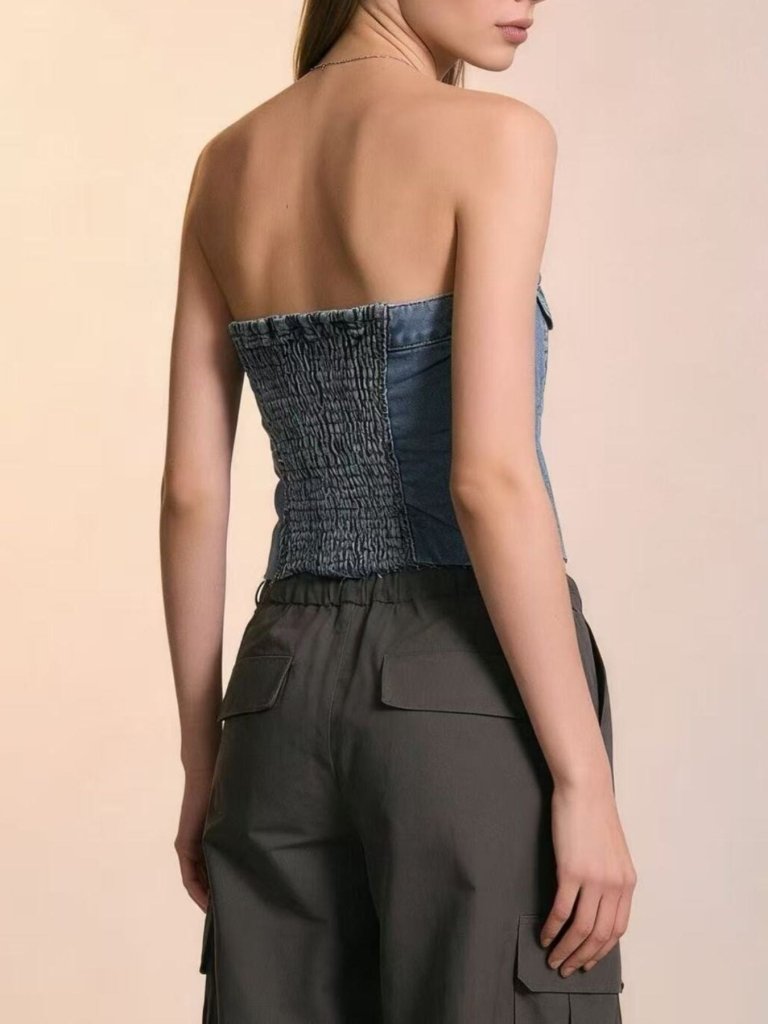 Button - Front Strapless Denim Top - Light Blue by Trendsi from FREYA’S CLOSET