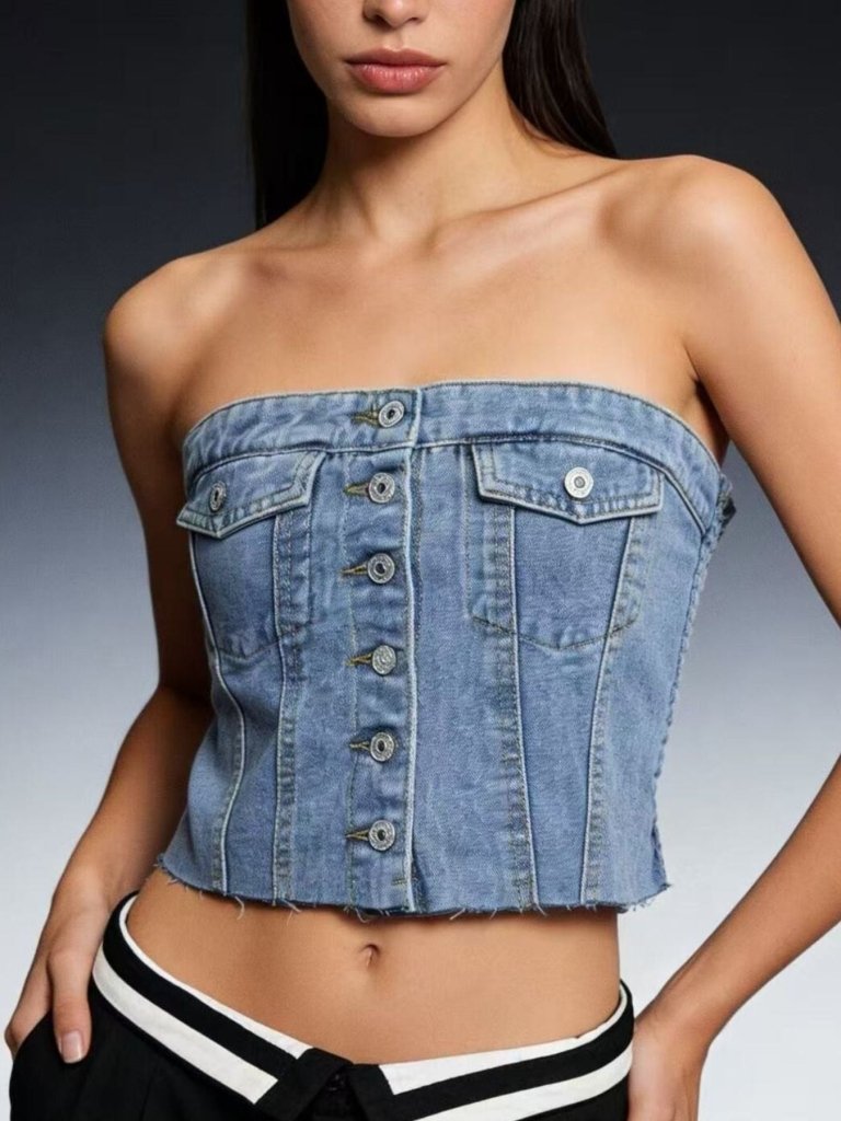 Button - Front Strapless Denim Top - Light Blue by Trendsi from FREYA’S CLOSET