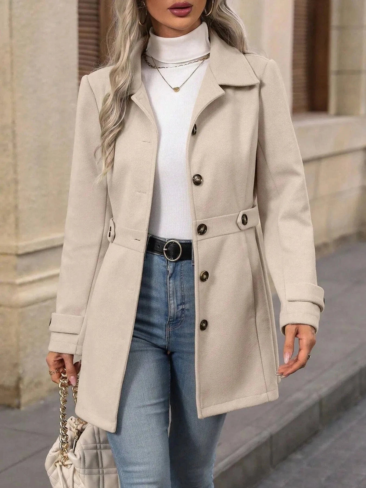 Trendsi Apricot / S Button Up Long Sleeve Coat