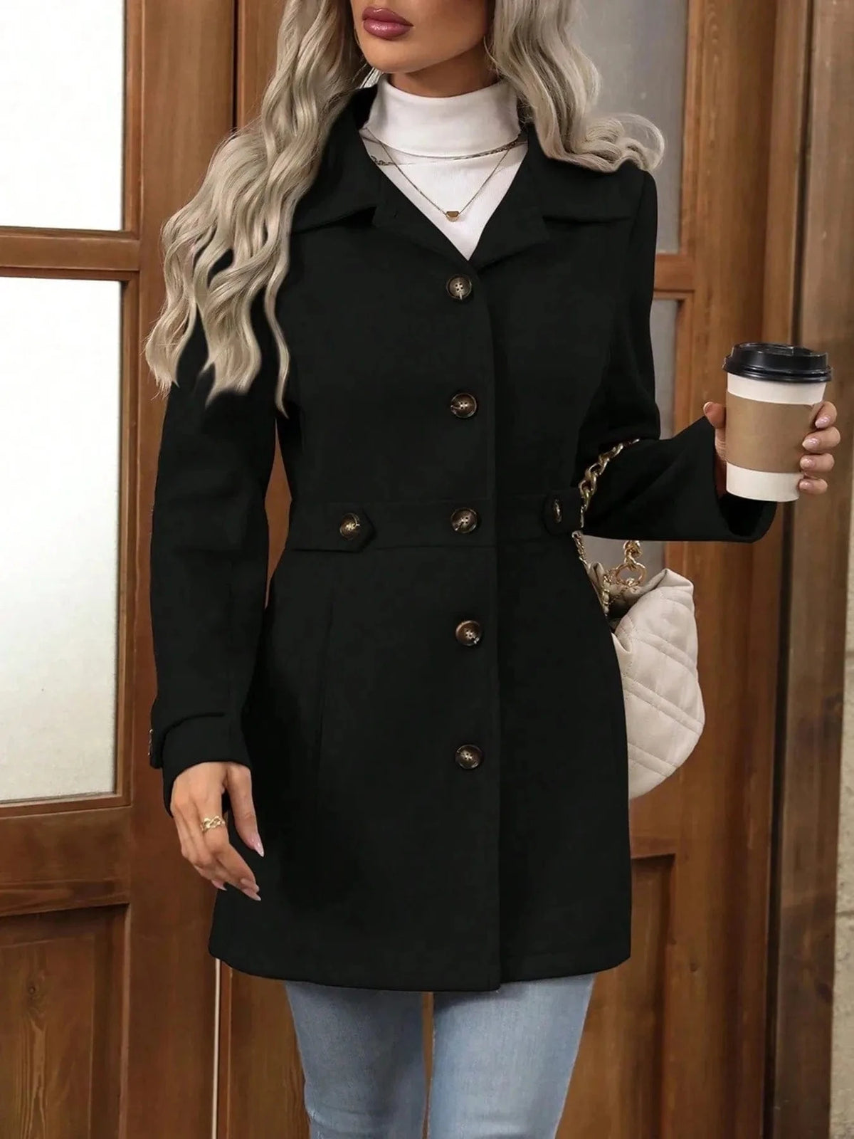 Trendsi Black / S Button Up Long Sleeve Coat