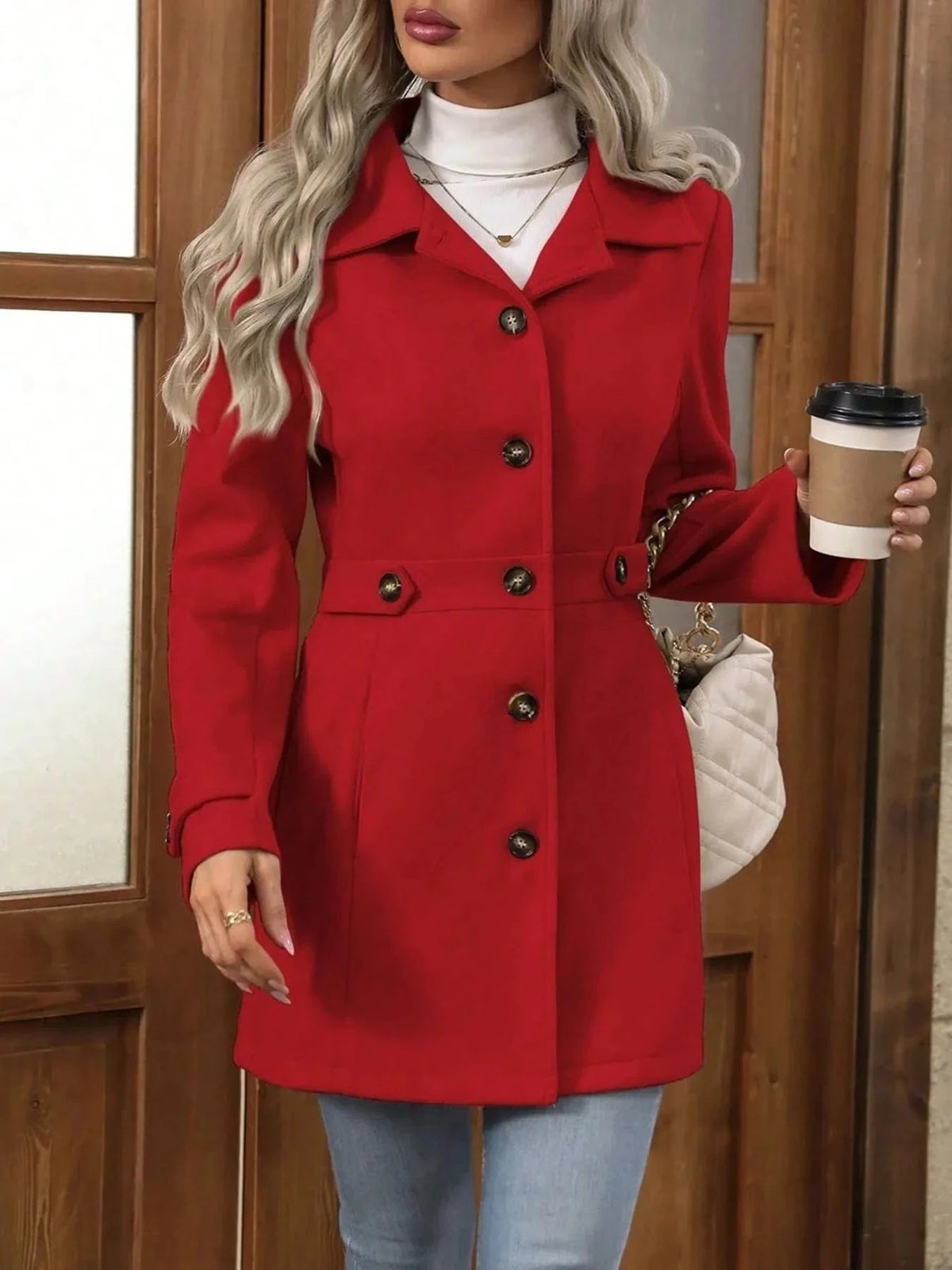 Trendsi Red / S Button Up Long Sleeve Coat