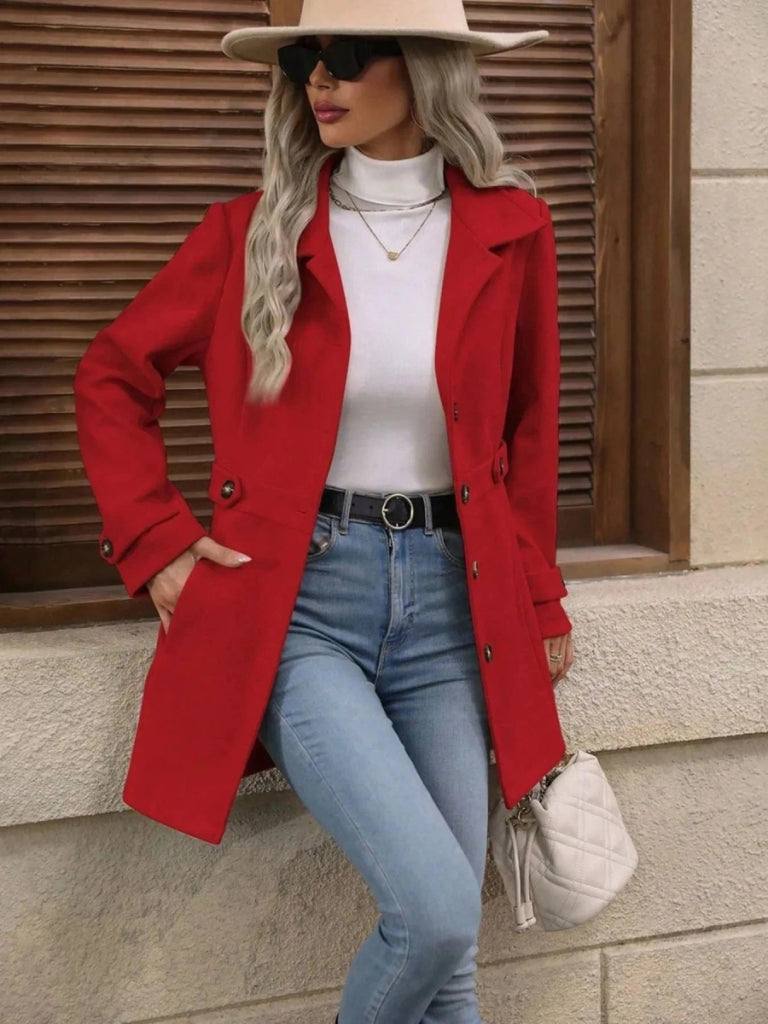 Button Up Long Sleeve Coat - Red by Trendsi from FREYA’S CLOSET