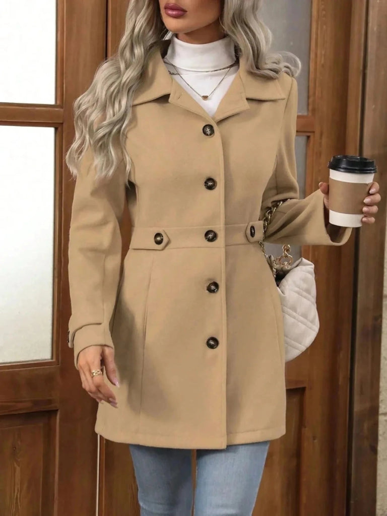 Button Up Long Sleeve Coat - Khaki by Trendsi from FREYA’S CLOSET