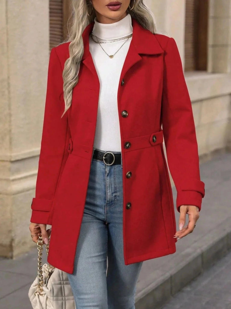 Button Up Long Sleeve Coat - Red by Trendsi from FREYA’S CLOSET