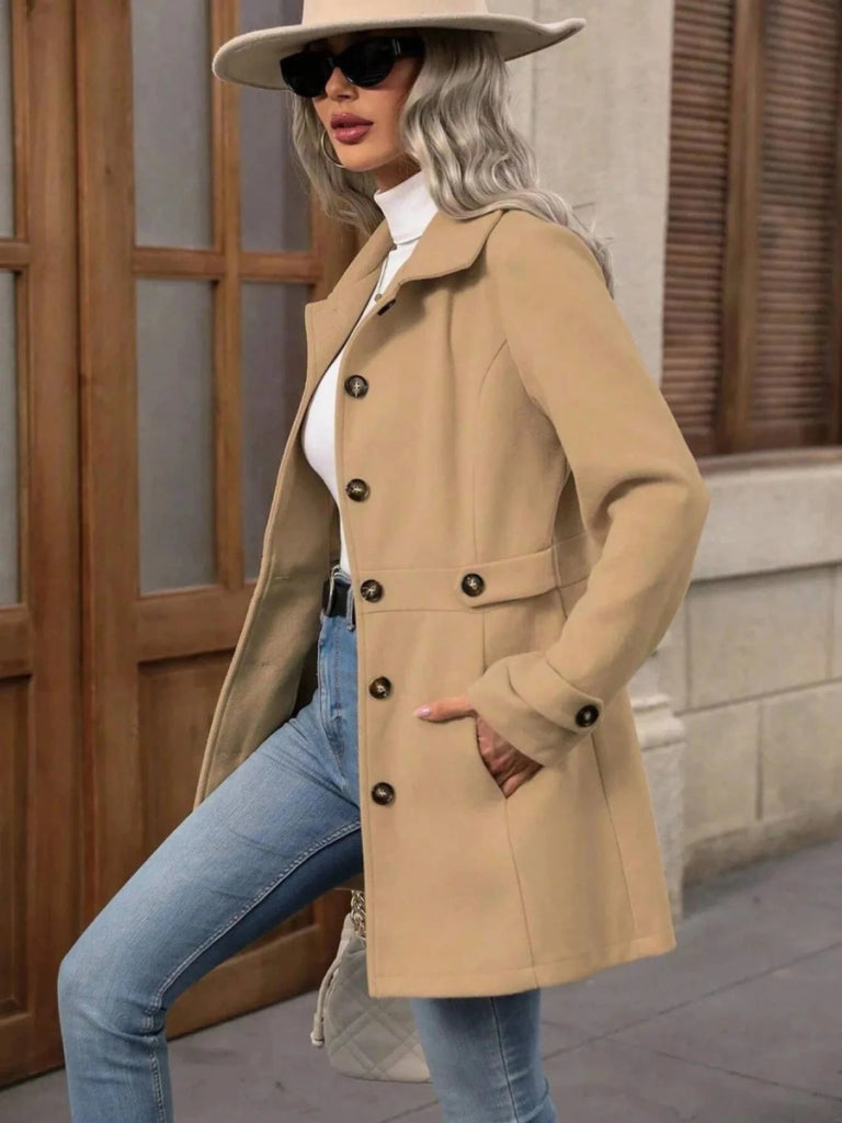 Button Up Long Sleeve Coat - Khaki by Trendsi from FREYA’S CLOSET