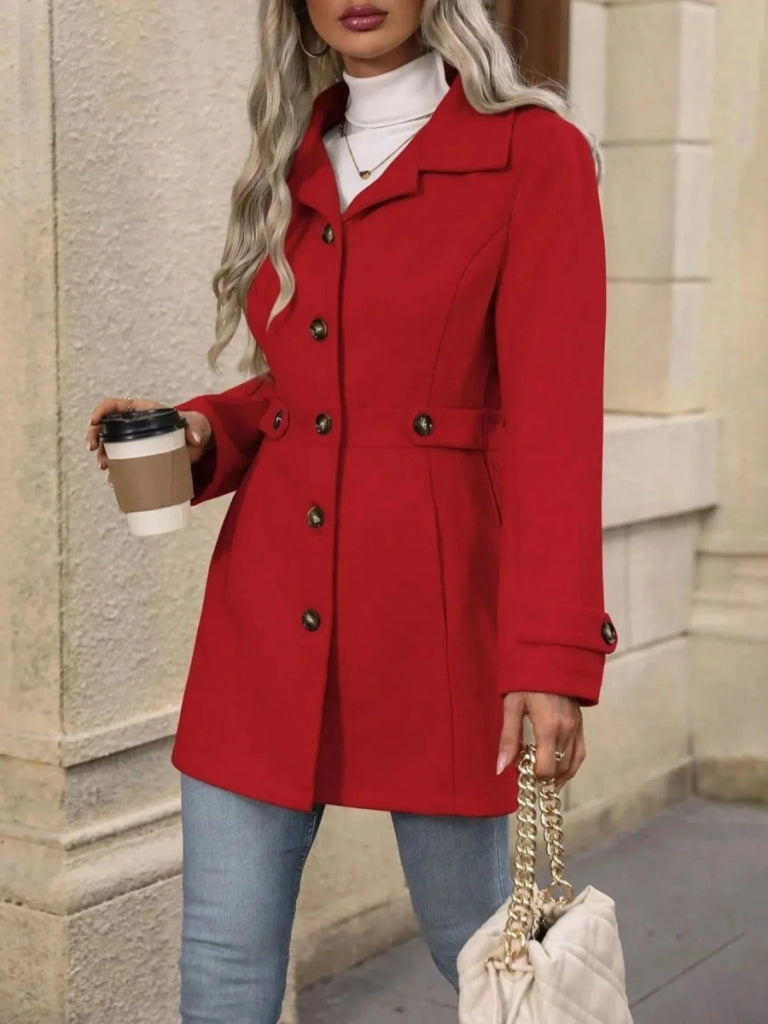 Button Up Long Sleeve Coat - Red by Trendsi from FREYA’S CLOSET