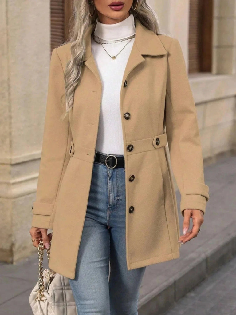 Button Up Long Sleeve Coat - Khaki by Trendsi from FREYA’S CLOSET