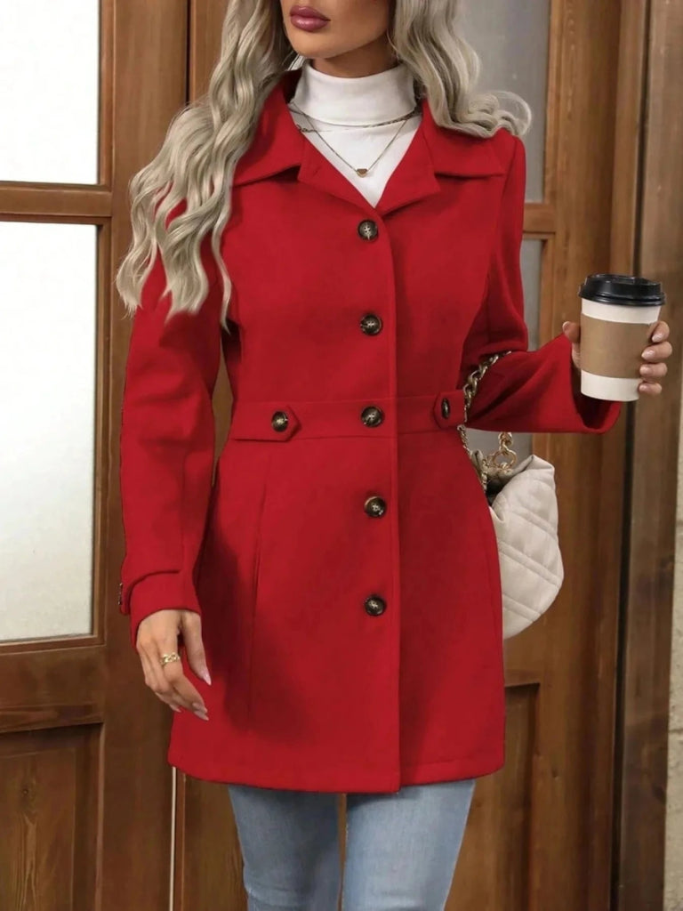 Button Up Long Sleeve Coat - Red by Trendsi from FREYA’S CLOSET
