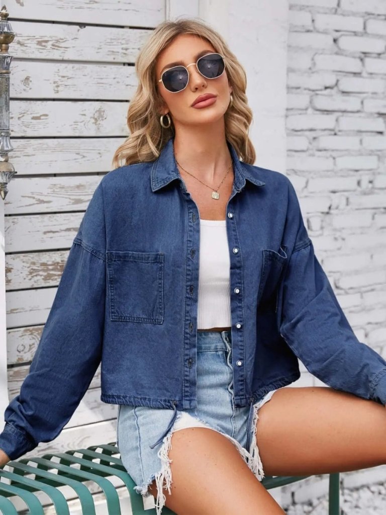 Button Up Long Sleeve Denim Jacket with Breast Pockets - Navy by Trendsi from FREYA’S CLOSET