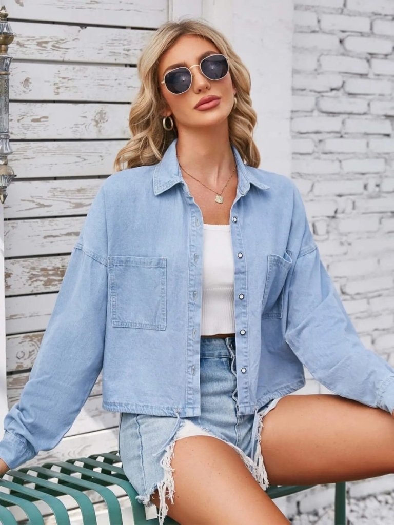 Button Up Long Sleeve Denim Jacket with Breast Pockets - Light Blue by Trendsi from FREYA’S CLOSET