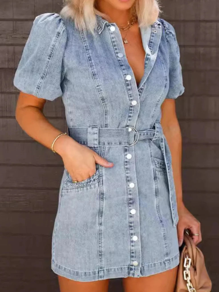 Denim blue button-up puff sleeve shirt dress