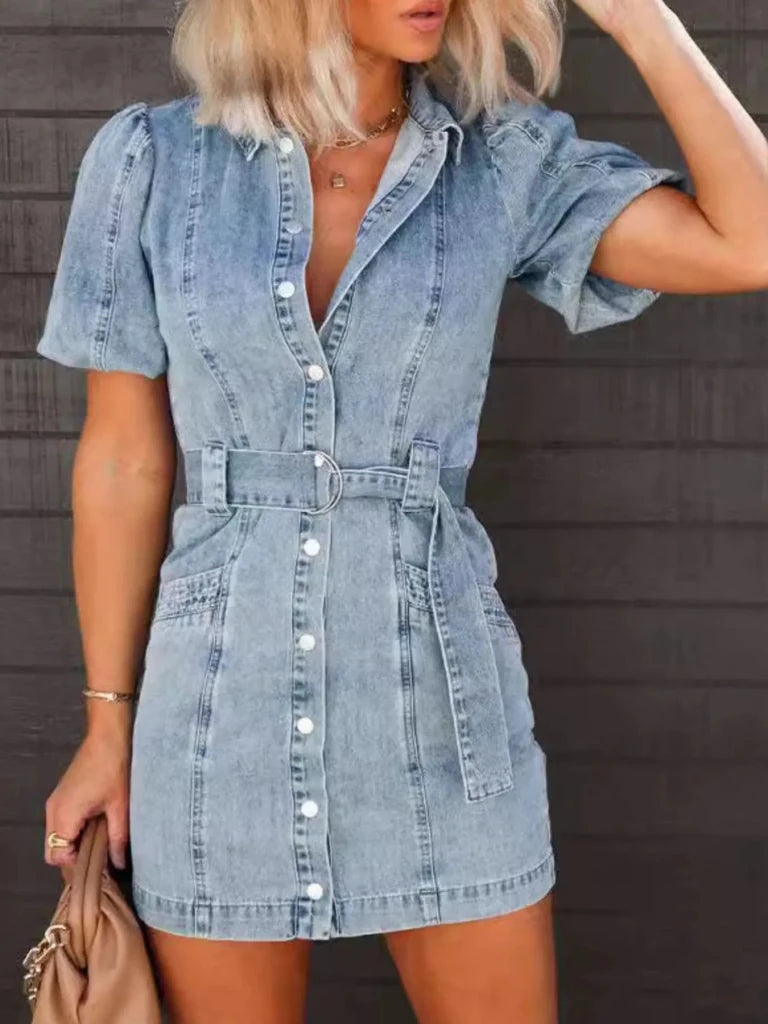 Denim blue button-up puff sleeve shirt dress, view 2