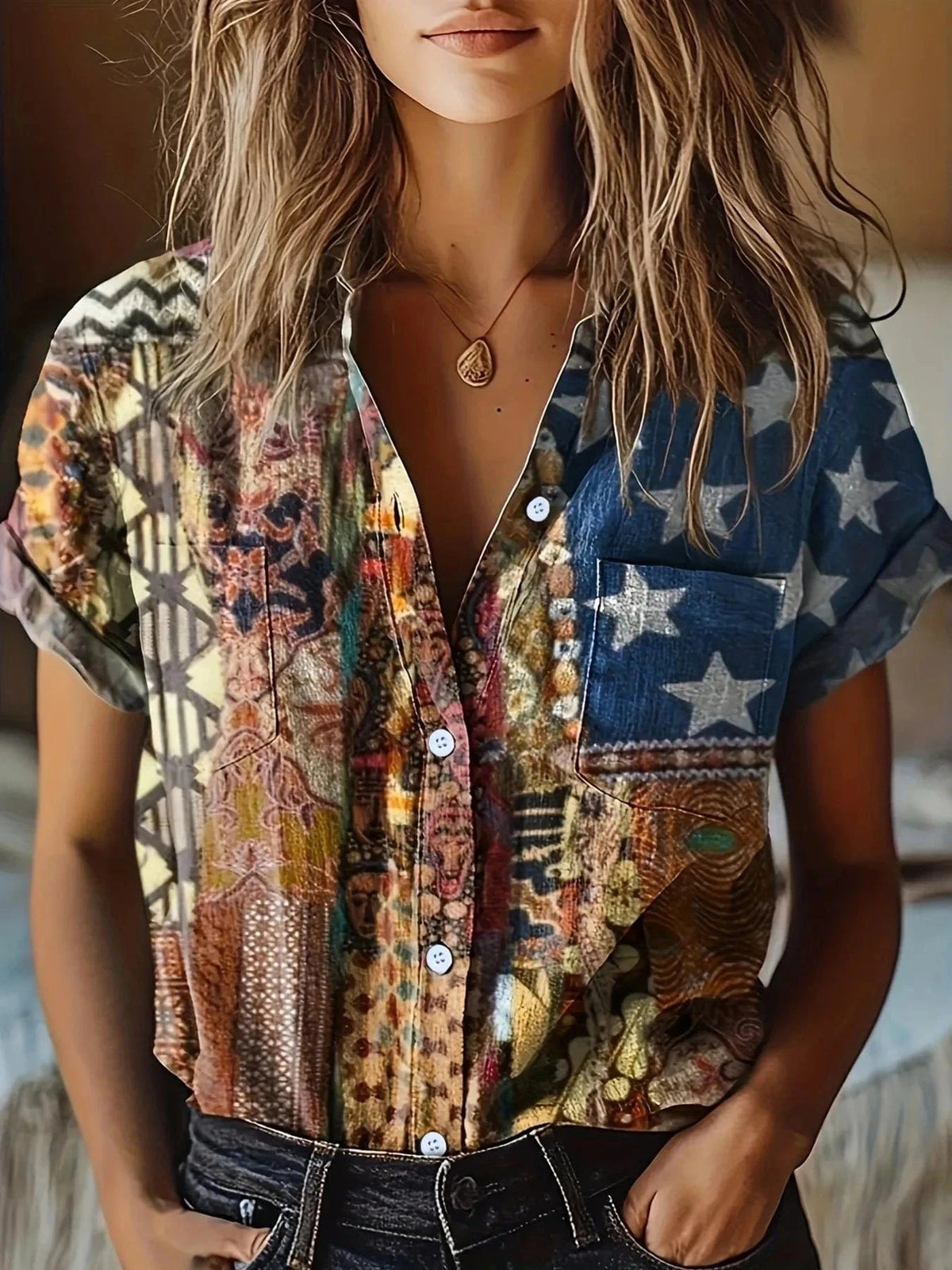 Trendsi Shirts and Blouse Brown / S Button-Up Short Sleeve Shirt
