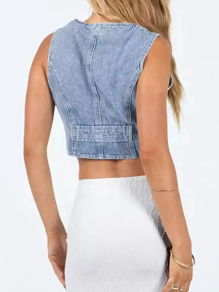 Button Up Sleeveless Denim Top - Light Blue by Trendsi from FREYA’S CLOSET