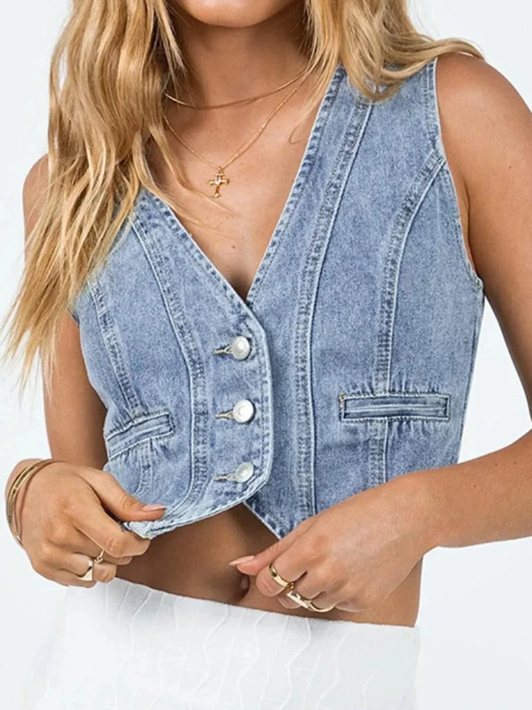 Button Up Sleeveless Denim Top - Light Blue by Trendsi from FREYA’S CLOSET
