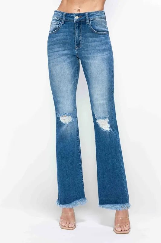 bytos Full Size Raw Hem Distressed High Rise Bootcut Jeans - Medium by Trendsi from FREYA’S CLOSET