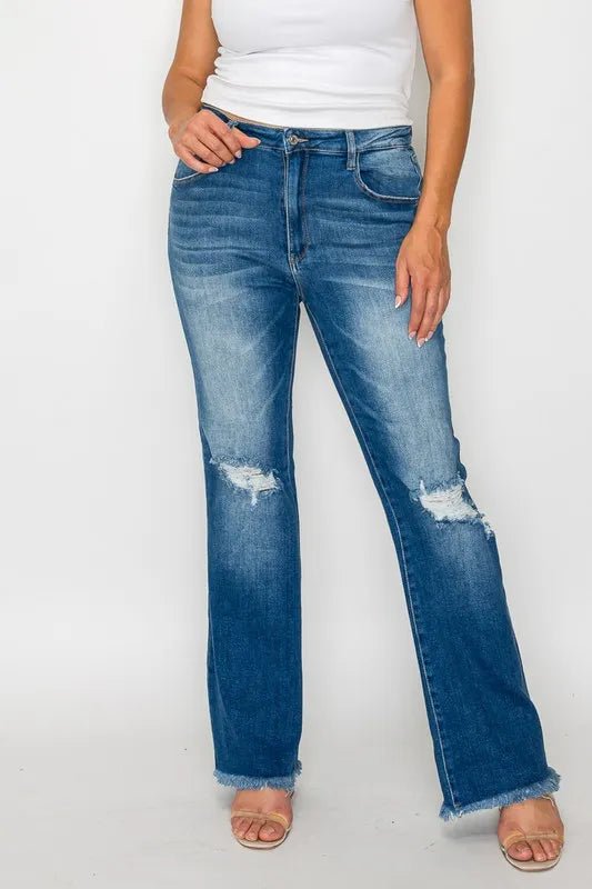bytos Full Size Raw Hem Distressed High Rise Bootcut Jeans - Medium by Trendsi from FREYA’S CLOSET