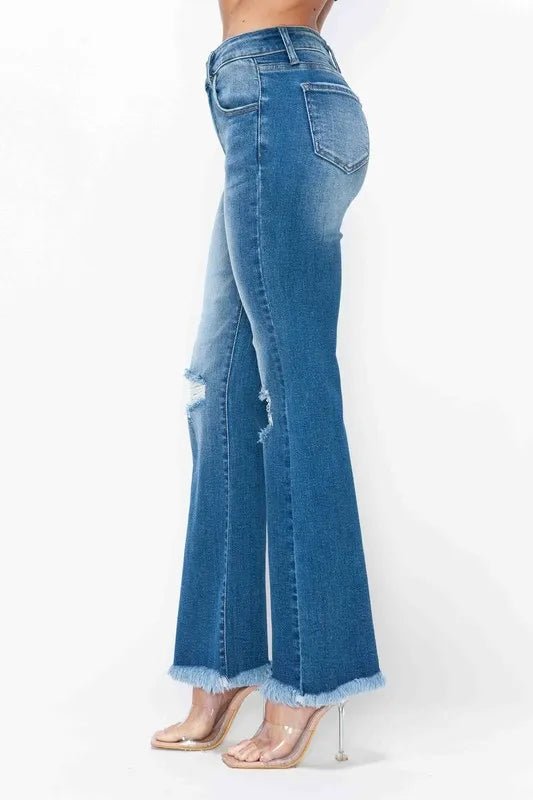 bytos Full Size Raw Hem Distressed High Rise Bootcut Jeans - Medium by Trendsi from FREYA’S CLOSET